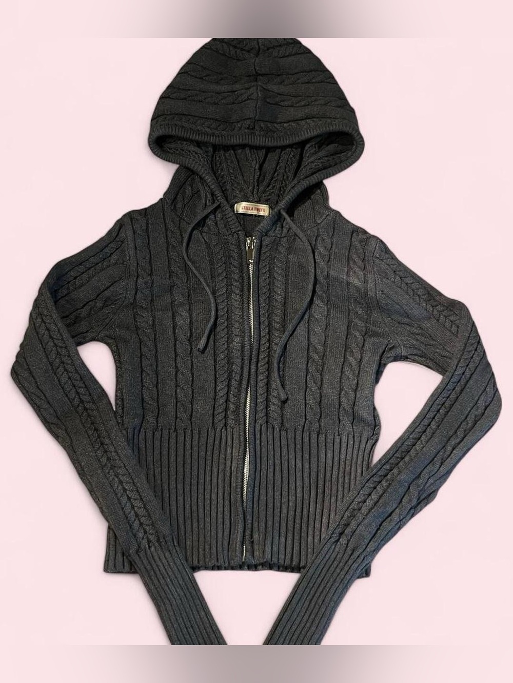 Stella Tweed Dark Charcoal Cable-Knit Hooded Zip Cardigan